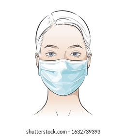 Woman wearing disposable medical surgical face mask to protect against high air toxic pollution city. stop the spread of viruses, help prevent hand-to-mouth transmissions. Vector illustration