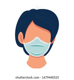 Woman in wearing disposable medical surgical face mask to protect stop the spread of viruses, help prevent hand-to-mouth transmissions isolated on white background. Vector stock illustration.