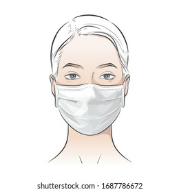 Woman wearing disposable medical surgical face mask to protect against high air toxic pollution city. stop the spread of viruses, help prevent hand-to-mouth transmissions. Vector illustration