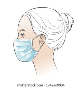 Woman Wearing Disposable Medical Surgical Face Mask. Profile, Side View. Protect Against High Air Toxic Pollution City. Stop The Spread Of Viruses, Prevent  Transmissions. Vector Illustration