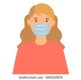 Woman wearing disposable medical surgical face mask to protect Vector illustration