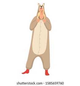 Woman wearing dog pajamas . Flat vector illustration.
