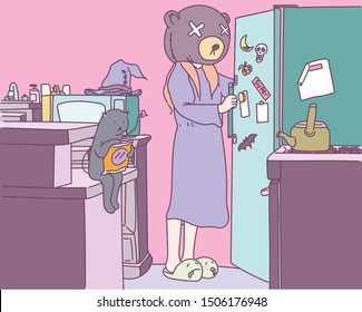 A woman wearing a doll dress is opening a refrigerator door. The cat is eating chips sitting in the kitchen. hand drawn style vector design illustrations. 