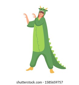Woman wearing dragon pajamas. Flat vector illustration.