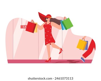 Mujer con vestido, tacones y sombrero rojo llevando muchas bolsas de compras, gastando dinero en compras. Ilustración plana de Vector. Diseño de caracteres