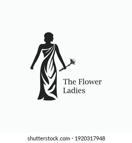 Woman wearing a dress is holding a flower vector illustration. Logo icon sign symbol design concept