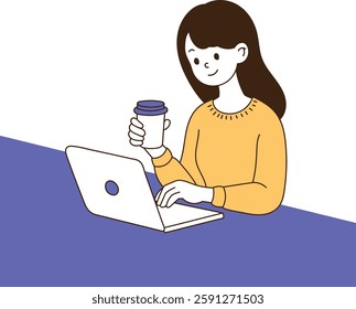 A woman wearing earphones is doing a task with a laptop while smiling. There is a cup of coffee next to the laptop. minimal line art vector illustration.