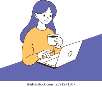 A woman wearing earphones is doing a task with a laptop while smiling. There is a cup of coffee next to the laptop. minimal line art vector illustration.