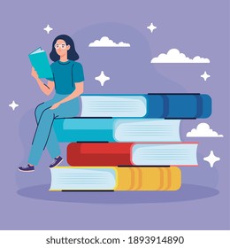 woman wearing eyeglasses reading text book seated in books vector illustration design