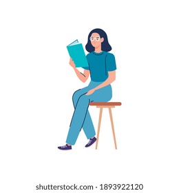 woman wearing eyeglasses reading text book seated in chair vector illustration design