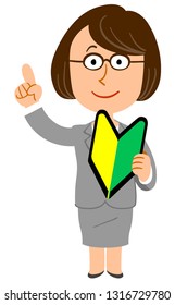 A woman wearing eyeglasses wearing a suits that handles beginner's mark with her hand