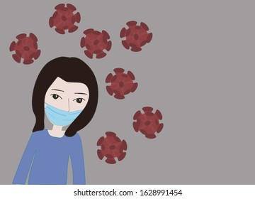 Woman wearing face mask from coronavirus and particulate matter (PM2.5) air pollution.Isolated on white background.Vector Illustration. COVID-19. WUHAN virus concept. Surgical mask. colds, flu. 