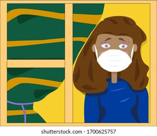 Woman wearing face mask, Coronavirus protection concept. Medical Stay at home warning during epidemic. Global pneumonia infection. Preventive action against of coronavirus. Vector Illustration.