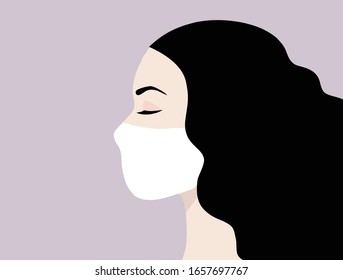 Woman wearing face mask for COVID-19 coronavirus prevention vector illustration. Coronavirus design concept background 