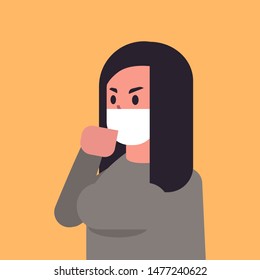 woman wearing face mask environmental industrial smog dust toxic air pollution and virus protection concept female cartoon character portrait flat