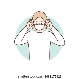 Woman Wearing Face Mask. Hand Drawn Style Vector Design Illustrations.