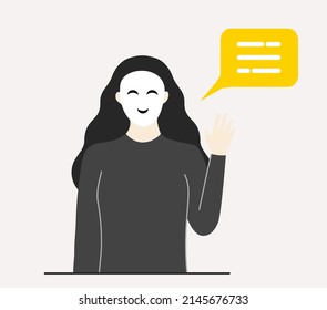 Mujer con mascarilla ocultando expresiones reales hablando con burbuja de habla. La emoción falsa, la hipocresía, el fraude de la sospecha, el mentiroso, el plebeyo del pueblo, los conceptos deshonestos. Ilustración vectorial con estilo de dibujos animados planos.