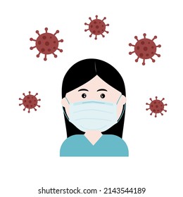 A woman is wearing a face mask or medical mask for protecting herself from various pathogen infection such as coronavirus: SARS-CoV-2.