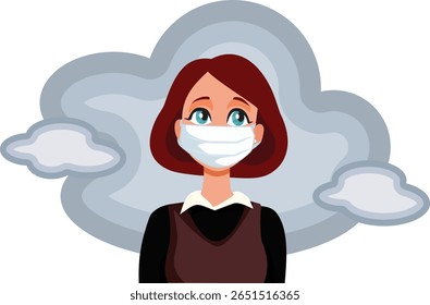 
Mulher usando máscara facial em uma ilustração de vetor de área poluída. Pessoa que tem de usar equipamento de proteção devido a nevoeiro (smog) e má qualidade do ar
