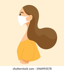 Woman wearing face mask to prevent COVID-19 virus. Concept of coronavirus epidemic, health care, medical, self prevention, respiratory disease, new normal. Flat vector illustration character.