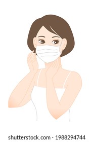 Woman wearing a face mask for prevention. Protection against infectious diseases. Cold prevention. Preventing hay fever. Vector illustration.