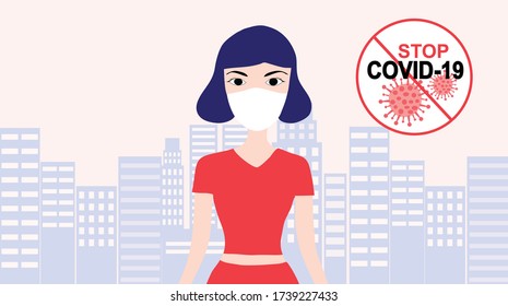 Woman wearing face mask to protect from COVID-19 coronavirus disease outbreak vector illustratrion