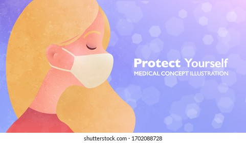 Woman wearing face mask protecting herself from pollution and virus. Protect yourself concept illustration. Vector design banner template.