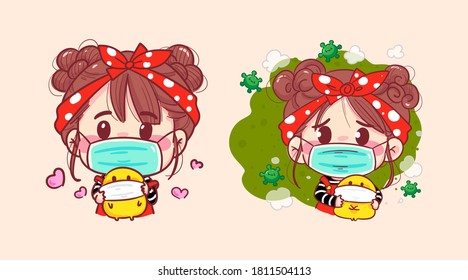Woman wearing a face mask for protection pollution or coronavirus on quarantine background with epidemic prevention.