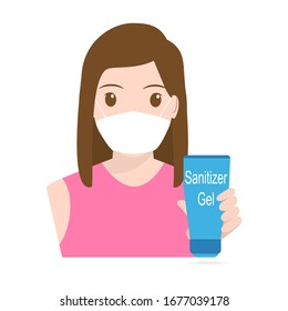 Woman wearing face mask and sanitizer gel icon