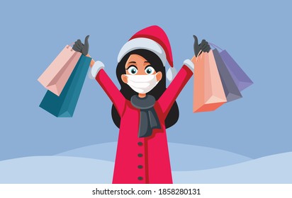 Woman Wearing Face Mask Shopping for Christmas. Customer shopping safely wearing protective equipment during winter holidays
