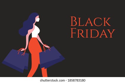 Woman wearing face mask for shopping in Black Friday sale holidays vector illustration