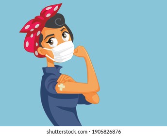 Woman Wearing Face Mask Showing Her Vaccinated Arm. Essential worker getting the anti corona-virus vaccine for workplace safety
