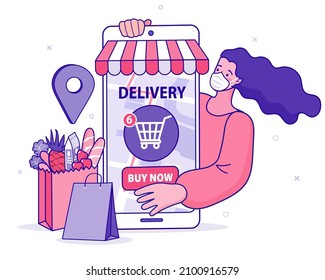 Woman wearing a face mask. Stay home. Save lives. Shopping online and fast shipping while self quarantine in social distancing Coronavirus COVID-19 outbreak concept. Safe food delivery at home. Vector