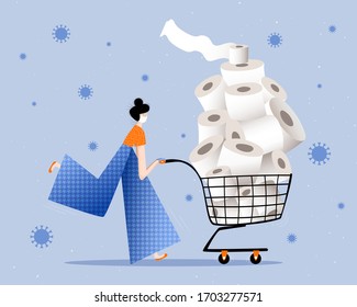 Woman wearing face mask and surgical gloves panic buying full shopping cart of toilet paper during the coronavirus crisis. Covid-19 pandemic concept flat vector illustration. 