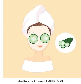 The woman is wearing a face mask and wearing a towel on the head. beauty care. Cute cartoon illustration