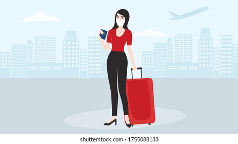 Woman wearing face mask travelling aboard vector illustration. Covid-19 coronavirus prevention travelling concept background