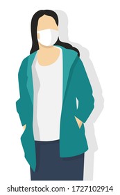 Woman is  wearing face mask for virus protection, air pollution, contaminated air, world pollution. Modern flat vector illustration.