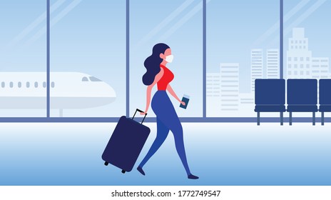 Woman Wearing Face Mask Walking In The Airport To Travel Aboard, For Covid-19 Prevention Vector Illustration. Travel Aboard During Covid-19 Disease Outbreak Concept Background