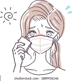 A woman wearing a face mask wipes sweat