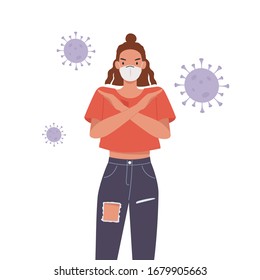 Woman wearing face mask. Young woman with crossed arms gesture. Stop pandemic concept. Vector illustration in a flat style