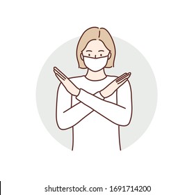 Woman wearing face mask. Young woman with crossed arms gesture. Hand drawn style vector design illustrations.