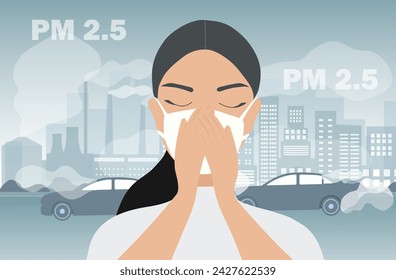 Woman wearing face masks tor protect P.M. 2.5 smoke, dust and air pollution in city, factory pipes and industrial smog vector illustration. Environment and air pollution concept background