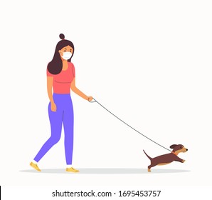 Woman  wearing face masks walking with a dogs isolated. Vector flat style illustration