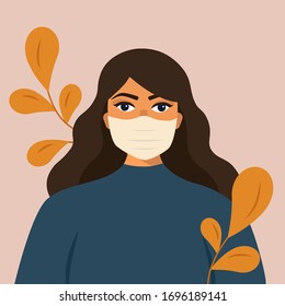 Woman wearing face medical mask, protection against virus