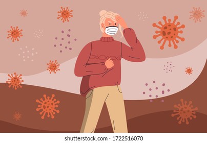 Woman wearing face medical mask have a headache, infected by virus, flying virus pathogen around. Young girl standing in center of virus infection. Concept of world viral pandemic. Cartoon character
