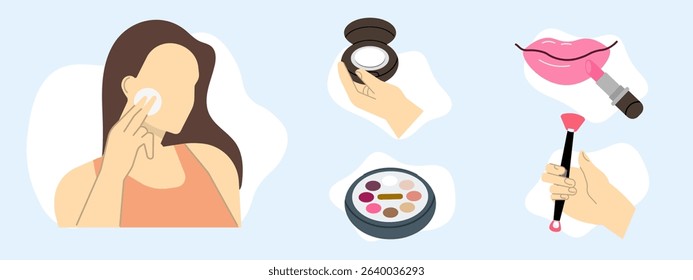 Woman wearing face powder and showing how to apply lipstick, and eye brush. 