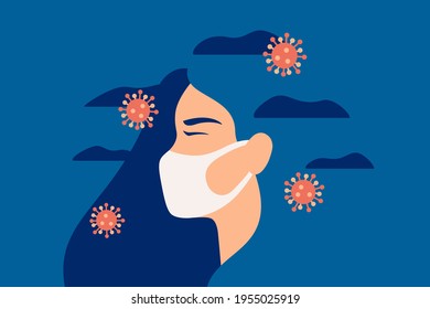 Woman wearing a face protective mask in the Covid-19 pandemic feels anxiety and suffers from pressure. Girl in depression with gloomy thoughts breaths through a mask. Mental health vector concept