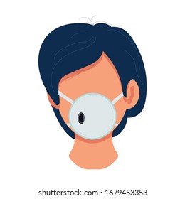 Woman wearing face respirator to prevent disease. Stop the spread of viruses, help prevent transmissions. Coronavirus. Vector stock illustration in a flat style