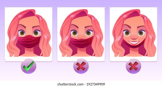 Woman wearing facemask wrong and correct way. How to wear protective facial mask aid infographics. Female character protecting of dust or coronavirus infection outside. Cartoon vector illustration