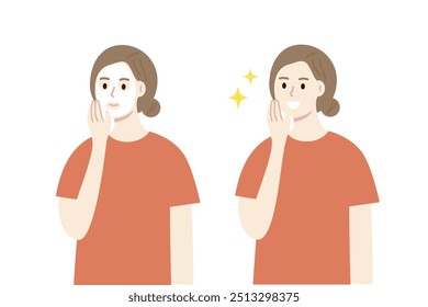 Woman wearing facial mask on face. Happy woman with smooth clean skin. Beauty, cosmetic, skincare, treatment, lifestyle, cleansing, hygiene concept. Flat people character vector design illustration. 